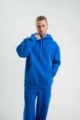 Unisex Double Oversize Kapşonlu Basic SweatShirt - Mavi - 1