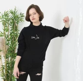 Unisex Bisiklet Yaka Baskılı Dokuma Triko - Siyah - 1