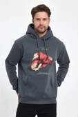 Unisex Kapüşonlu  Oversize Baskılı Sweatshirt - Gri - 1