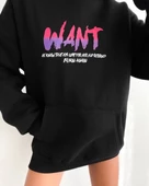 Baskılı  Kapüşonlu Oversize Sweatshirt - Siyah - 1