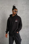 Unisex Kapşonlu Baskılı Sweetshirt - Siyah - 1