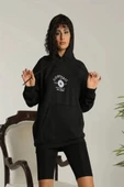 Unisex Kapüşonlu  Oversize Baskılı Sweatshirt - Siyah - 1