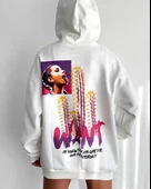 Baskılı  Kapüşonlu Oversize Sweatshirt - Beyaz - 1