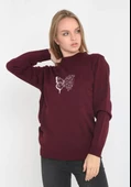 Unisex Bisiklet Yaka Baskılı Dokuma Triko - Bordo - 1