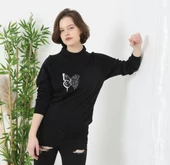 Unisex Bisiklet Yaka Baskılı Dokuma Triko - Siyah - 2
