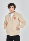 Unisex Baskılı Tam Fermuarlı Kapşonlu SweatShirt - Bej - 1