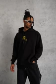 Unisex Kapşonlu Baskılı Sweetshirt - Siyah - 1