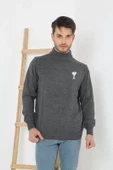 Unisex Yarım Boğazlı Baskılı Dokuma Triko - Füme - 1