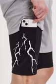 Unisex Baskılı İç Cepli Sporcu Alt Taytlı Şort - Gri - 3