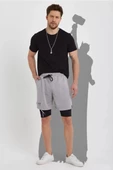 Unisex Baskılı İç Cepli Sporcu Alt Taytlı Şort - Gri - 2