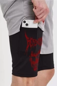 Unisex Baskılı İç Cepli Sporcu Alt Taytlı Şort - Gri - 4