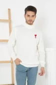Unisex Yarım Boğazlı Baskılı Dokuma Triko - Beyaz - 1