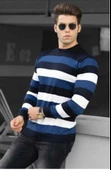Unisex Kalın Çizgili Bisiklet Yaka Triko Kazak - Lacivert - 1