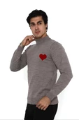Unisex Yarım Boğazlı Baskılı Dokuma Triko - Vizon - 1