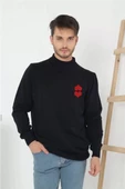 Unisex Yarım Boğazlı Baskılı Dokuma Triko - Lacivert - 1