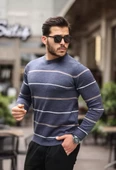 Unisex İnce Çizgili Bisiklet Yaka Triko Kazak - Füme - 1