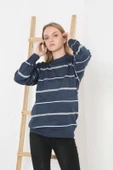 Unisex Çizgili Bisiklet Yaka Triko Kazak - Lacivert - 2