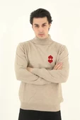 Unisex Yarım Boğazlı Baskılı Dokuma Triko - Bej - 1