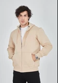 Unisex Tam Fermuarlı Kapşonlu  SweatShirt - Bej - 2