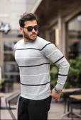 Unisex İnce Çizgili Bisiklet Yaka Triko Kazak - Gri - 1