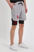 Unisex Baskılı İç Cepli Sporcu Alt Taytlı Şort - Gri - 2