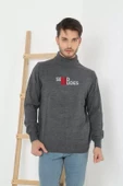 Unisex Yarım Boğazlı Baskılı Dokuma Triko - Füme - 1