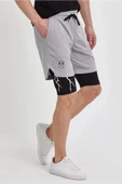 Unisex Baskılı İç Cepli Sporcu Alt Taytlı Şort - Gri - 1