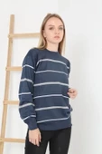 Unisex Çizgili Bisiklet Yaka Triko Kazak - Lacivert - 4