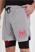 Unisex Baskılı İç Cepli Sporcu Alt Taytlı Şort - Gri - 4