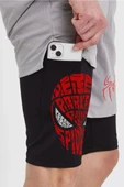 Unisex Baskılı İç Cepli Sporcu Alt Taytlı Şort - Gri - 3