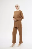 Uzun Kollu Organik Yıkanmış Kumaş Fitilli Pantalonlu Takım - Kahve - 2
