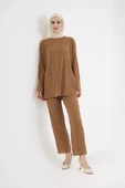 Uzun Kollu Organik Yıkanmış Kumaş Fitilli Pantalonlu Takım - Kahve - 7