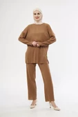 Uzun Kollu Organik Yıkanmış Kumaş Fitilli Pantalonlu Takım - Kahve - 4