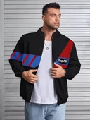Unisex Uzun Koll Fermuarlı Baskılı Rüzgarlik - Siyah - 1