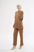 Uzun Kollu Organik Yıkanmış Kumaş Fitilli Pantalonlu Takım - Kahve - 5