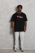 Unisex Bisiklet Yaka Double Oversize Baskılı T-Shirt - Siyah - 2