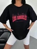 Unisex Bisiklet Yaka Baskılı Oversize T-Shirt - Siyah - 4