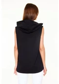 Unisex Kapşonlu Kolsuz Düz Oversize T-shirt - Siyah - 2