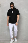 Unisex Kapşonlu Oversize T-Shirt Takım - Siyah - 1