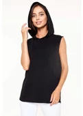 Unisex Kapşonlu Kolsuz Düz Oversize T-shirt - Siyah - 1