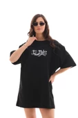 Unisex Bisiklet Yaka Baskılı Oversize T-Shirt - Siyah - 7
