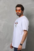 Unisex Bisiklet Yaka Baskılı Oversize T-Shirt - Beyaz - 6