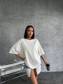 Unisex Düz Biskilet Yaka Oversize T-shirt - Beyaz - 1