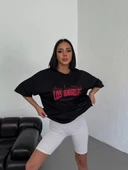 Unisex Bisiklet Yaka Baskılı Oversize T-Shirt - Siyah - 3