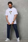 Unisex Bisiklet Yaka Baskılı Oversize T-Shirt - Beyaz - 4