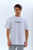 Unisex Bisiklet Yaka Baskılı Oversize T-Shirt - Beyaz - 1