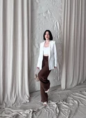 Kadın Keten Blazer Caket - Beyaz - 4