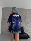 Unisex Bisiklet Yaka Baskılı Oversize T-Shirt - Lacivert - 1