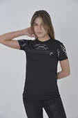 Unisex Göğüs Fermuarlı Baskılı T-Shirt - Siyah - 1