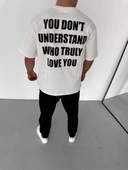 Unisex Bisiklet Yaka Baskılı Oversize T-Shirt - Beyaz - 3